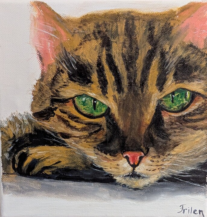 Grüner Blick – Katzenportrait 绘画, 7.9x7.9 in