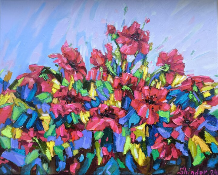 Poppies Original Flowers Tuscany Painting Landscape Impasto 绘画, 15x19 in