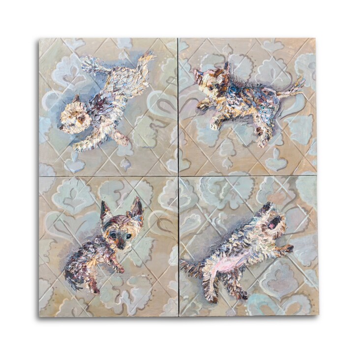 Yorkshire Terrier Dog Wall Art Set – Textured Oil Painting 绘画, 39.4x39.4 in