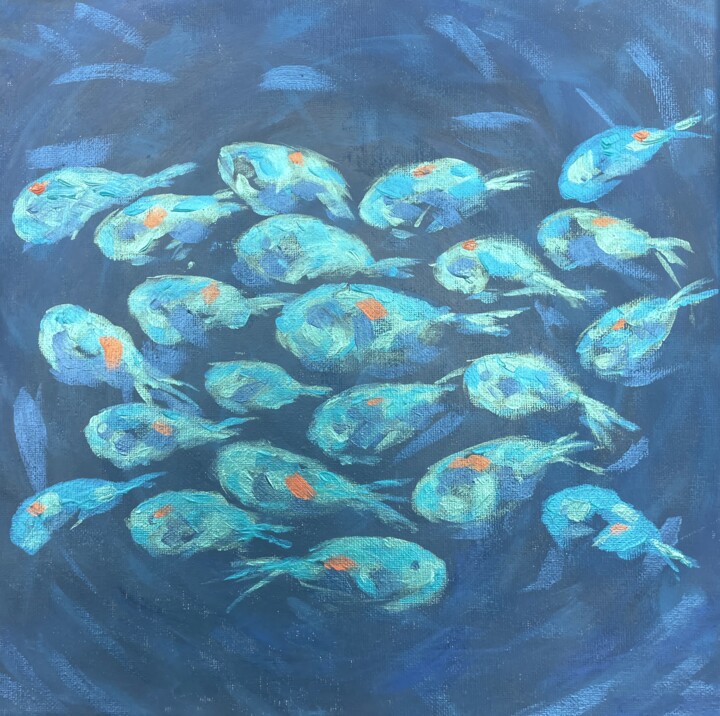 Firefly Fish in deep blue 绘画, 11.8x11.8 in