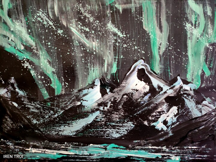 Snowy Mountain Under the Northern Lights 绘画, 23.6x31.5 in
