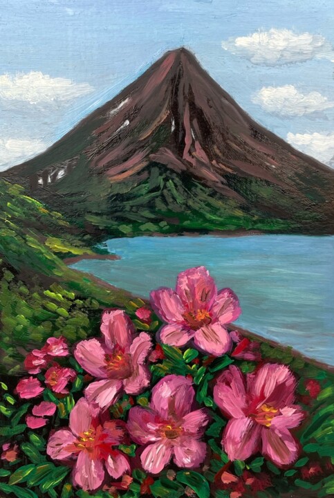 Flowers on the background of a volcano Kamchatka landscape 绘画, 5.9x3.9 in