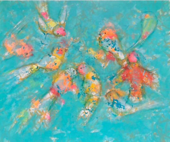 Birds of paradise on a turquoise background 绘画, 9.8x11.8 in