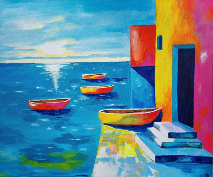 Painting titled "Quiet Harbor Acryli…" by Iuliia Batsyna, Original Artwork, Acrylic Mounted on Wood Stretcher frame