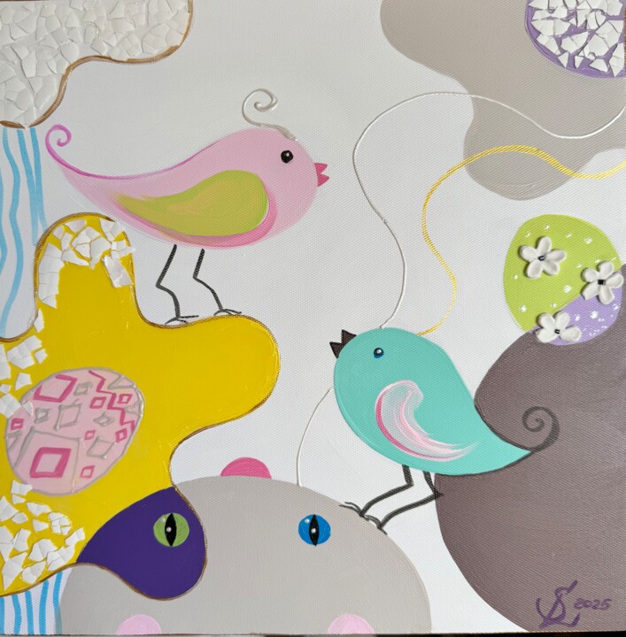 Easter painting with birds and eggs 绘画, 11.8x11.8 in