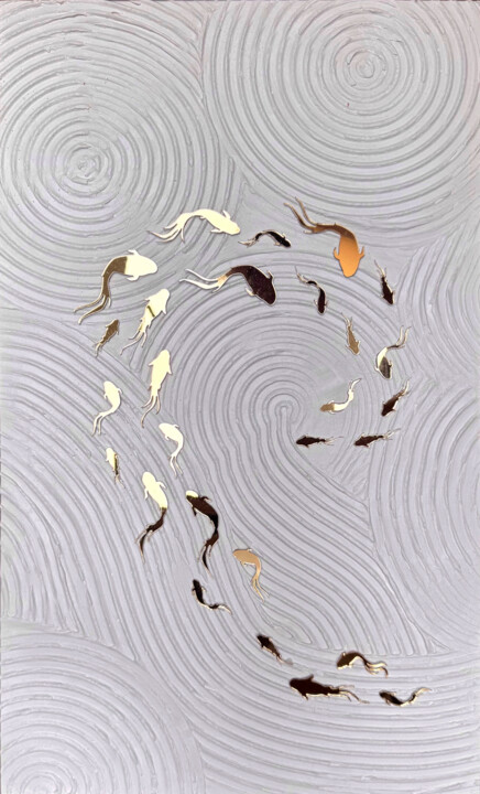 Mirror golden fish on textured water 绘画, 19.7x11.8 in