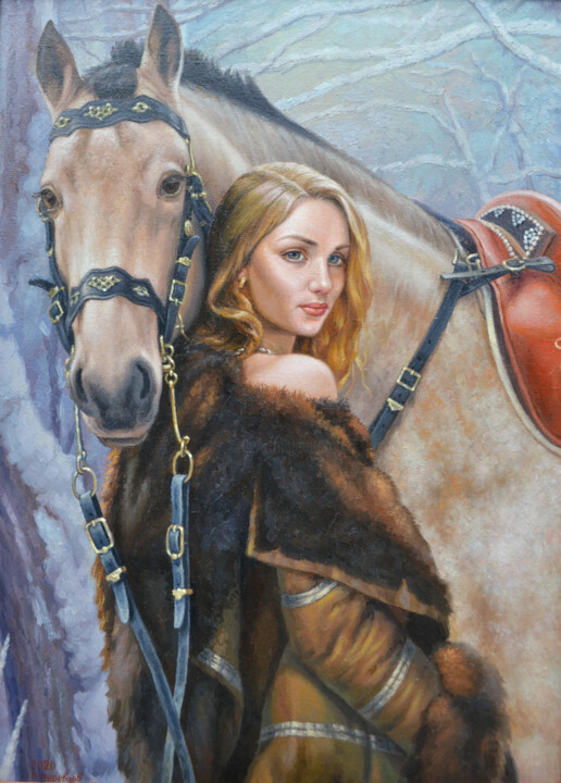 Девушка и лошадь 绘画, 29.5x21.3 in