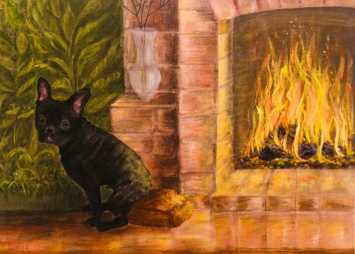 French bulldog is warming himself by a blazing fireplace 绘画, 9.8x11.8 in