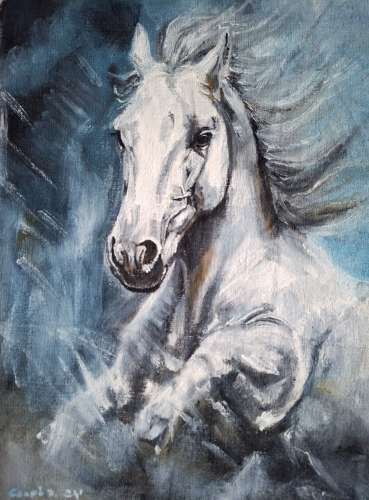 White horse 绘画, 13.2x10.1 in
