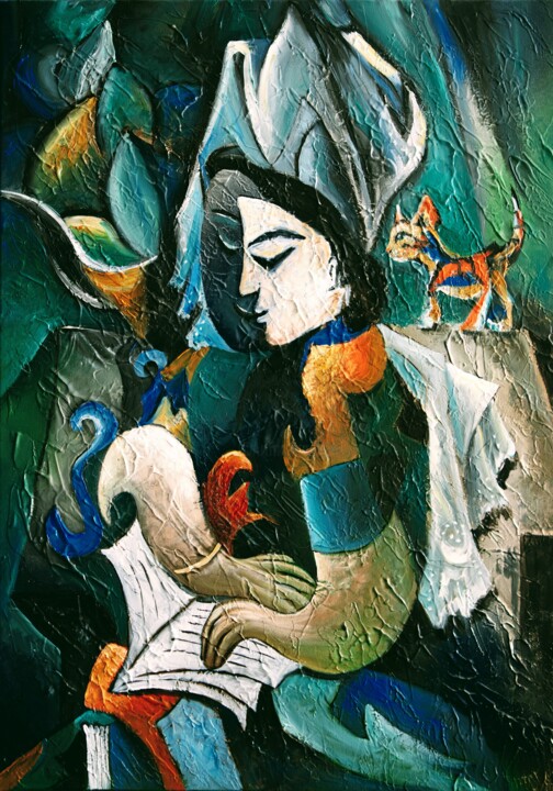 Painting titled "L'heure du conte" by Marianne Kiciak, Original Artwork, Oil