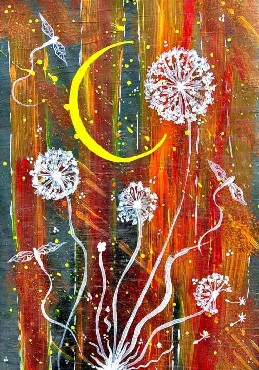 Painting titled "Red Moonlight Dande…" by Blooming Paint, Original Artwork, Acrylic