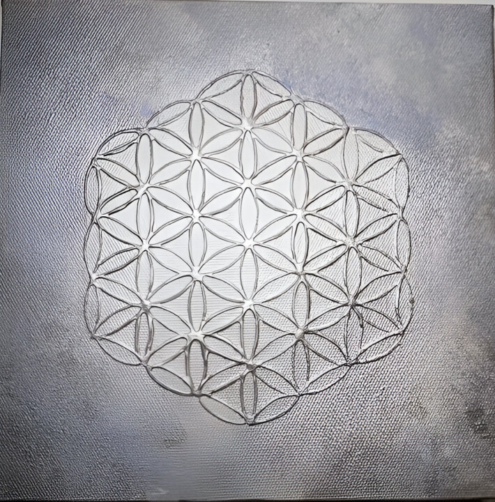 Sacred Geometry Flower of Life painting, silver 绘画, 7.9x7.9 in
