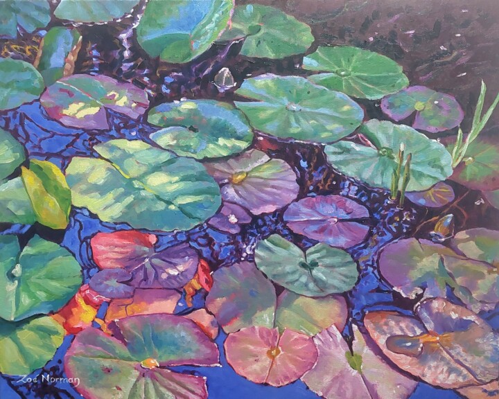 Painting titled "The Green Pond" by Zoe Norman, Original Artwork, Oil Mounted on Wood Stretcher frame