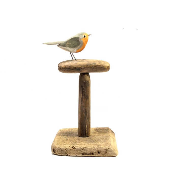 Roodborst op oude schep 雕塑, 9.8x5.5 in