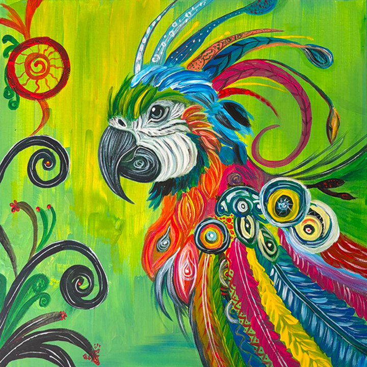 Tropical Whispers: The Vibrant Spirit of the Parrot Schilderij, 19,7x19,7 in