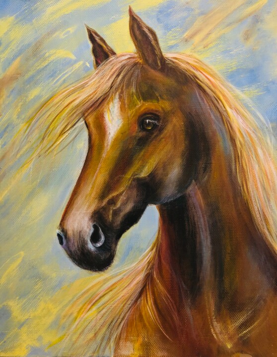 Brown horse against the sky 绘画, 15.8x11.8 in