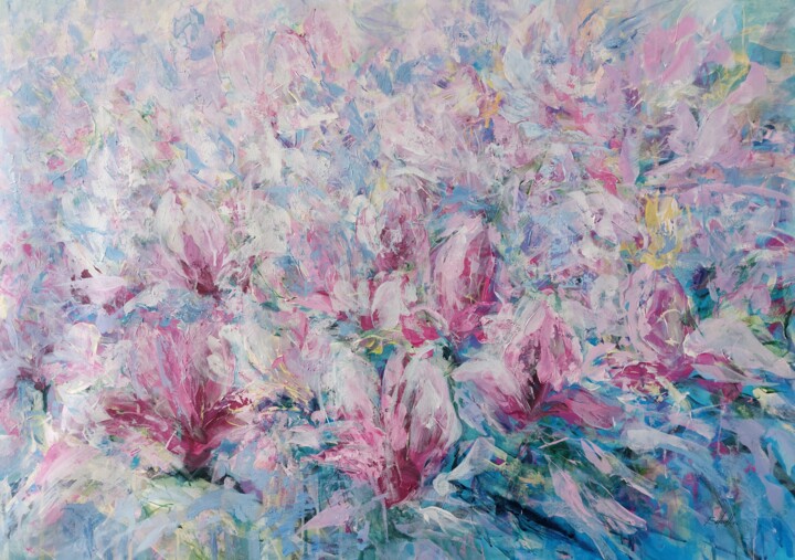 Peinture intitulée "Magnolia. Spring's…" par Kateryna Solodka (Katia Solodka), Œuvre d'art originale, Acrylique Monté sur Ch…