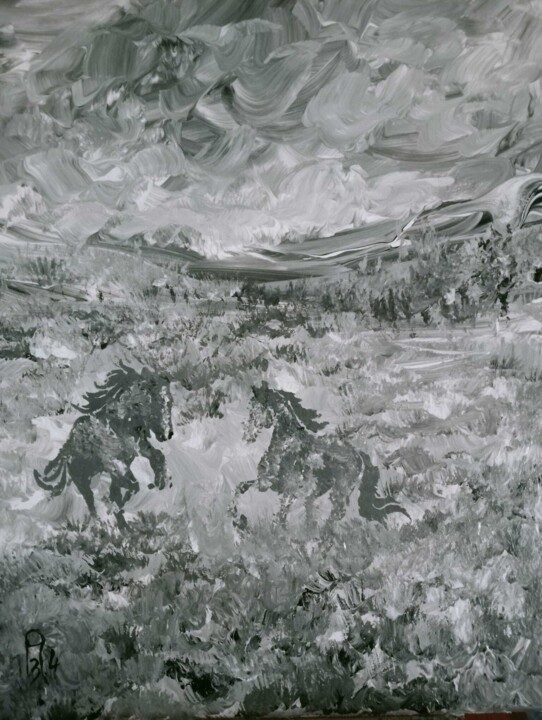 Peinture intitulée "Les chevaux sauvages" par Audran, Œuvre d'art originale, Acrylique