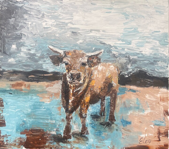 Painting titled "Bull" by Lena Logart, Original Artwork, Acrylic Mounted on Wood Stretcher frame