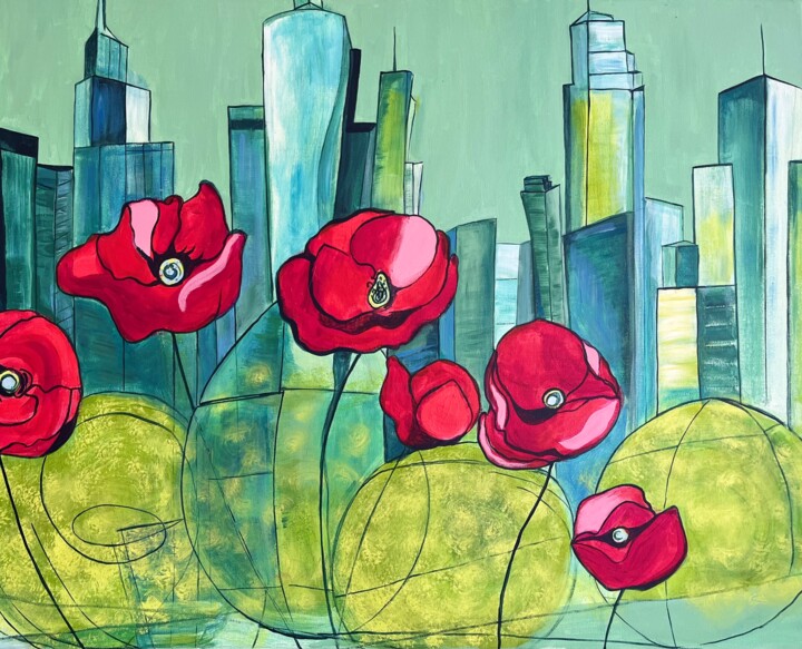 Poppies in the Concrete Jungle Painting, 24x30 in
