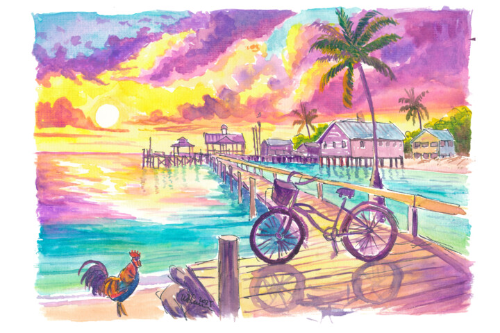 Key West Sunset - Rooster, Bike, Pier, Sea Pintura, 7,9x11,8 in