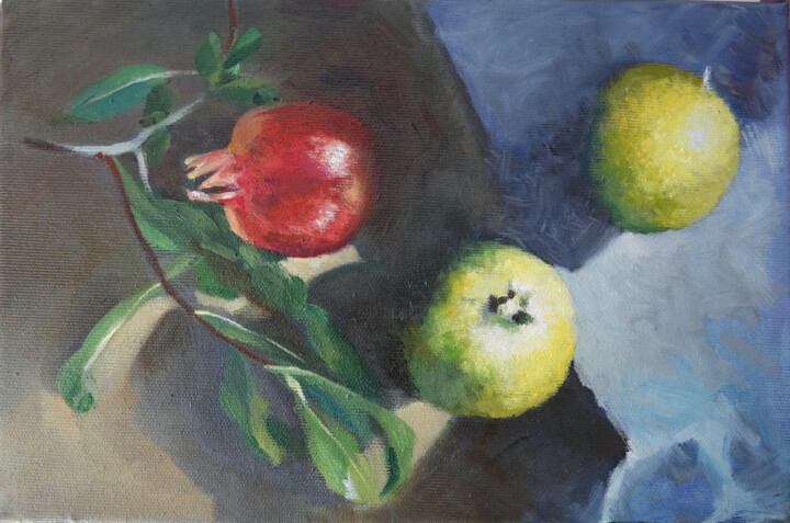 Painting titled "Pomegranate & Lemon…" by Elena Afanaseva, Original Artwork, Oil Mounted on Wood Stretcher frame