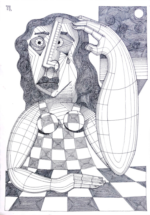 Dessin intitulée "Mãe e Lua" par José Roberto Teixeira Leite Junior, Œuvre d'art originale, Stylo gel
