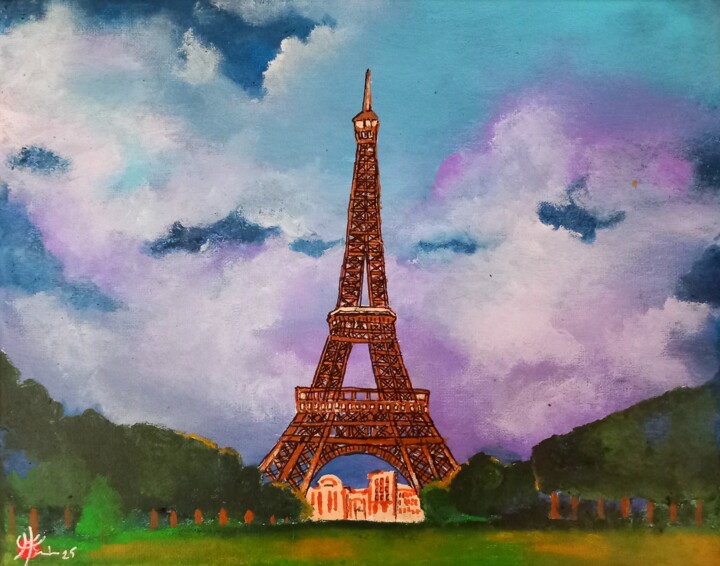 Peinture intitulée "Nuages sur la tour…" par Marc Parmentier, Œuvre d'art originale, Acrylique Monté sur Châssis en bois