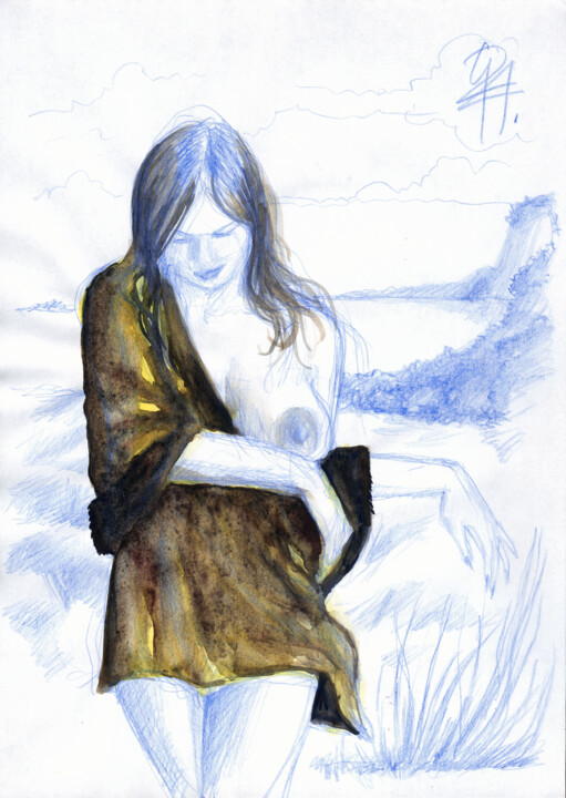 Schmunzelnd in Jacke. 图画, 11.6x8.3 in