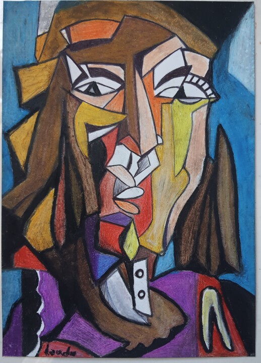 Visage de femme Cubiste 图画, 16.5x11.4 in