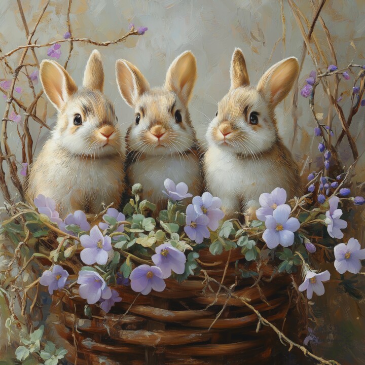 Bunnies in a flower basket Arte digitale, 19,7x19,7 in