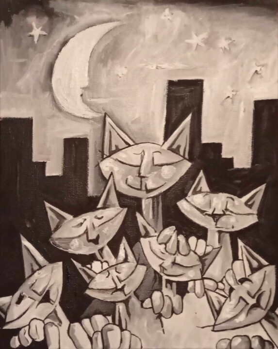 Schilderij getiteld "La nuit, tous les c…" door Jsroosenys, Origineel Kunstwerk, Acryl Gemonteerd op Karton