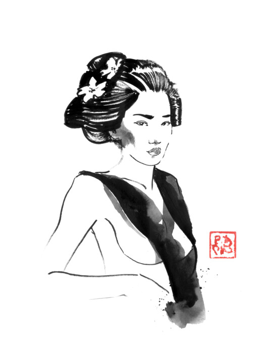 geisha half naked Tekening, 15,8x11,8 in
