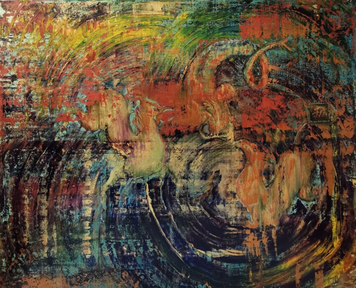Mystical Abstract Oil Painting – Fantasy Creatures & Gold