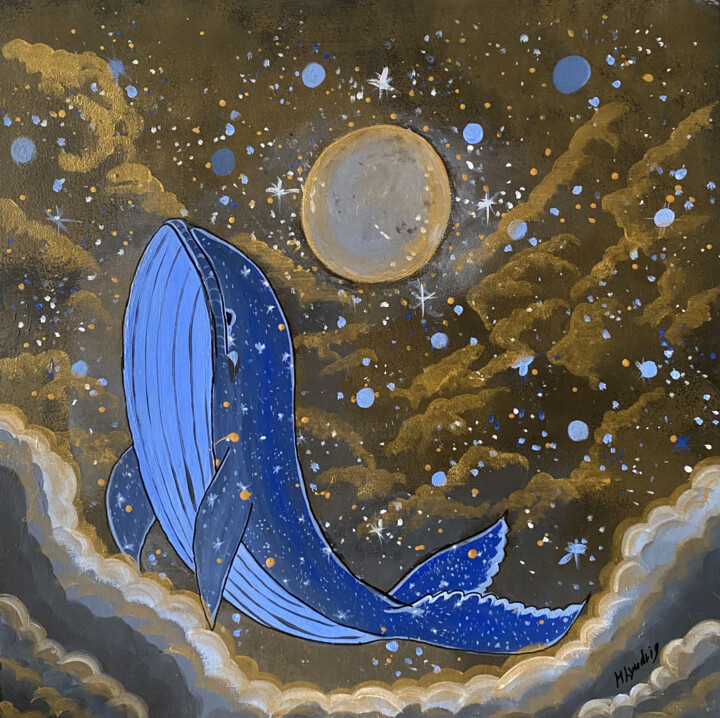 A blue whale against a golden moon 绘画, 19.7x19.7 in
