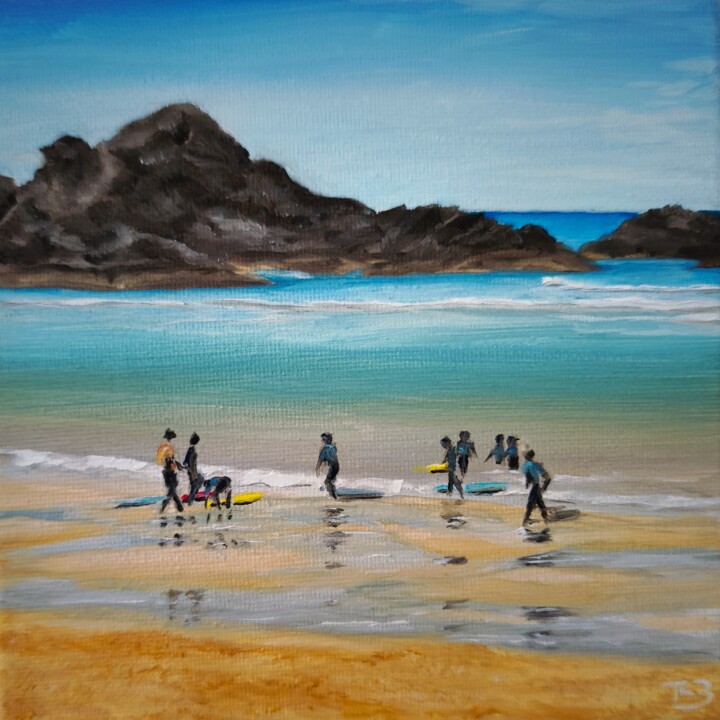 Surfeurs à marée basse Painting, 5.9x5.9 in