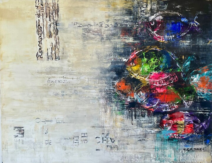 Pintura titulada "les poissons 2" por Nathalie Grange, Obra de arte original, Acrílico Montado en Bastidor de camilla de mad…