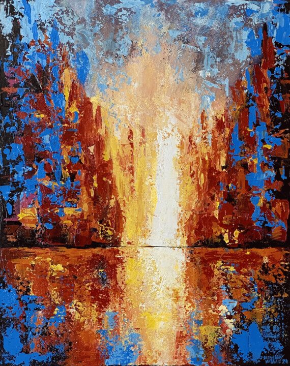 Big City Lights-Original Textured Acrylic Painting 绘画, 19.7x15.8 in