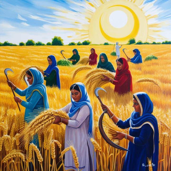 数字艺术 标题为“Women harvesting wh…” 由Nain Tara, 原创艺术品, AI生成的图像