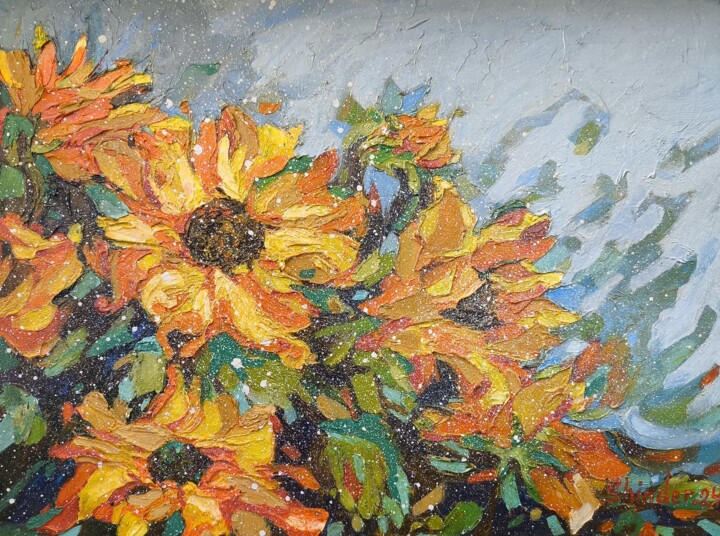 Sunflowers Original Tuscany Sunflowers Floral Impasto Pittura, 12x16 in