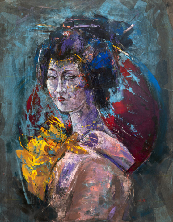 Цветы и красное солнце 绘画, 35.4x27.6 in