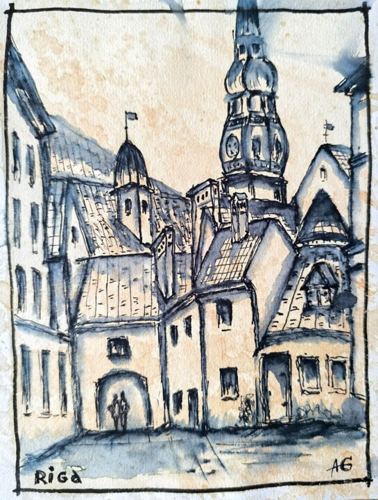 Drawing titled "Riga. Old city" by Aleksej Grishkovec, Original Artwork, Ink