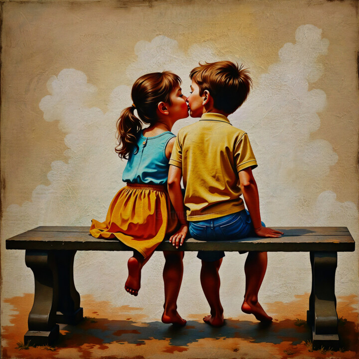 Schilderij getiteld "First Kiss" door Jan Keteleer, Origineel Kunstwerk, Digitaal Schilderwerk Gemonteerd op Houten paneel