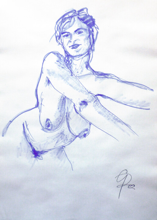 Nudo femminile blu. 图画, 16.1x11.6 in