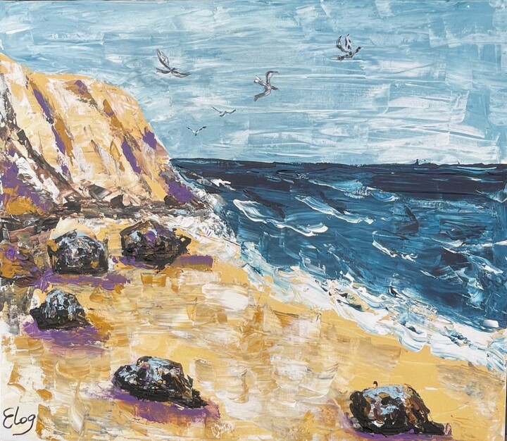 Painting titled ""Seascape"" by Lena Logart, Original Artwork, Acrylic Mounted on Wood Stretcher frame