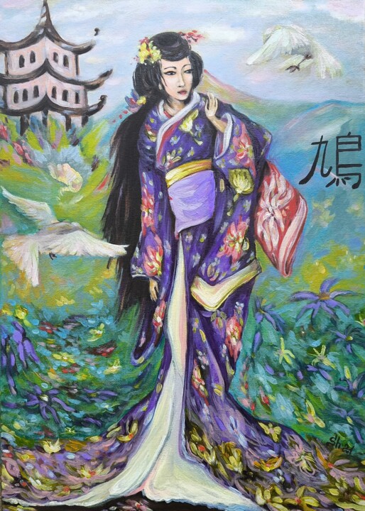 Large Japanese Girl Painting, Asian Wall Art, Women Portrait 绘画, 27x19 in