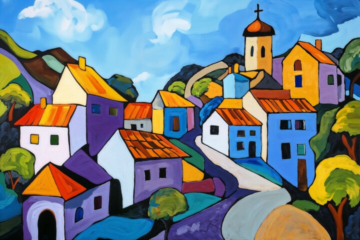 Chromatic Haven: An Abstract Village in the Rolling Downs Tablo, 23,6x15,8 in