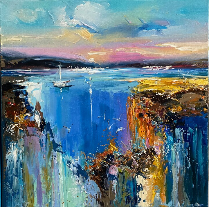 Painting titled "Морская синь" by Olga Chernova, Original Artwork, Oil Mounted on Wood Stretcher frame