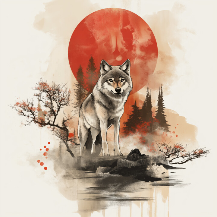 Abstract Wolf Majesty: Brushstroke Landscape with Red Sun 数字艺术