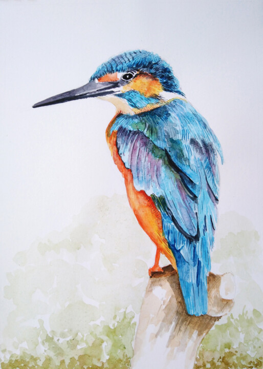 Kingfisher Bird - Original Watercolor 绘画, 16.5x11.7 in